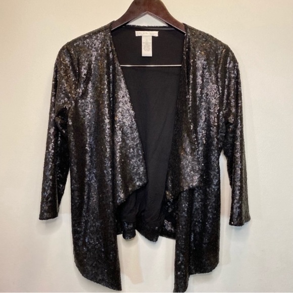 Design History Black Sequins Open Front Jacket Size Small 4/4 Sleeves - Picture 2 of 11